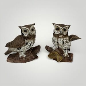 VTG Hand Painted Owl Figurine Pair Porcelain Brown 5" Birds Decor Mid Century